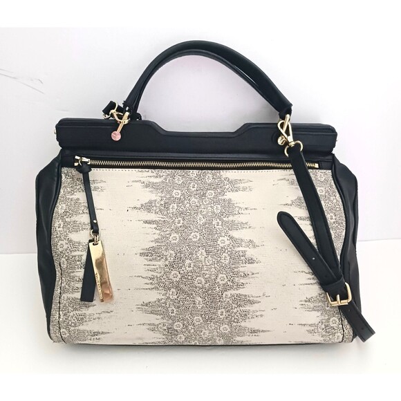 Vince Camuto Fiona Lg Blk Leather Satchel w Crossbody Tan Print Gold Hardware - Picture 1 of 16
